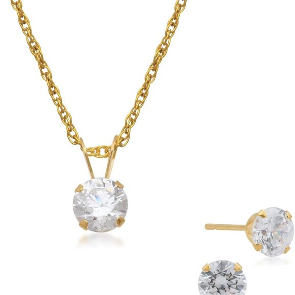 10K White and Yellow Gold Cubic Zirconia Pendant Necklace Stud Earrings Box Set - Picture 1 of 8